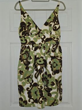 Milly Green Black and White Floral V-Neck Mini Dress